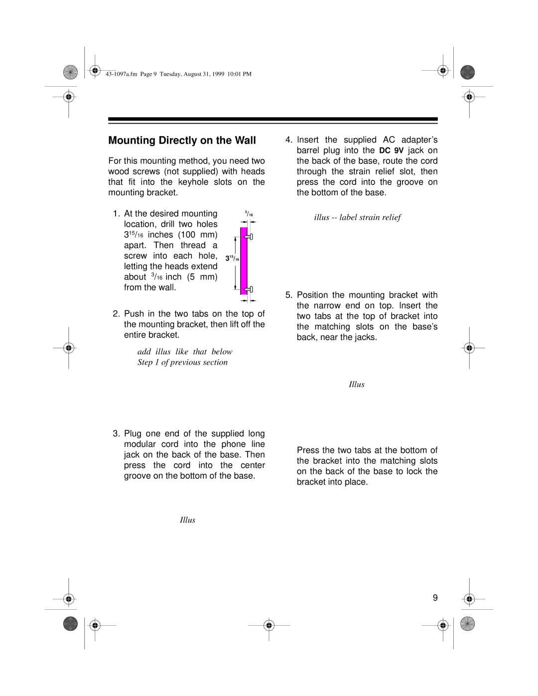 Radio Shack ET-927 owner manual Mounting Directly on the Wall 