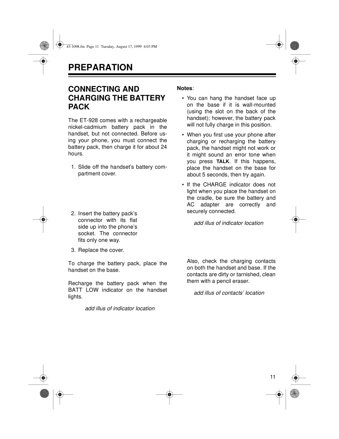 Radio Shack ET-928 owner manual Preparation, Connecting and Charging the Battery Pack, Add illus of indicator location 