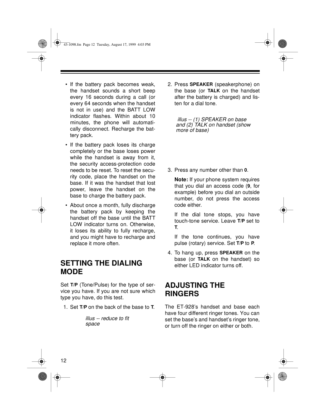 Radio Shack ET-928 owner manual Setting the Dialing Mode, Adjusting Ringers, Illus -- reduce to fit space 