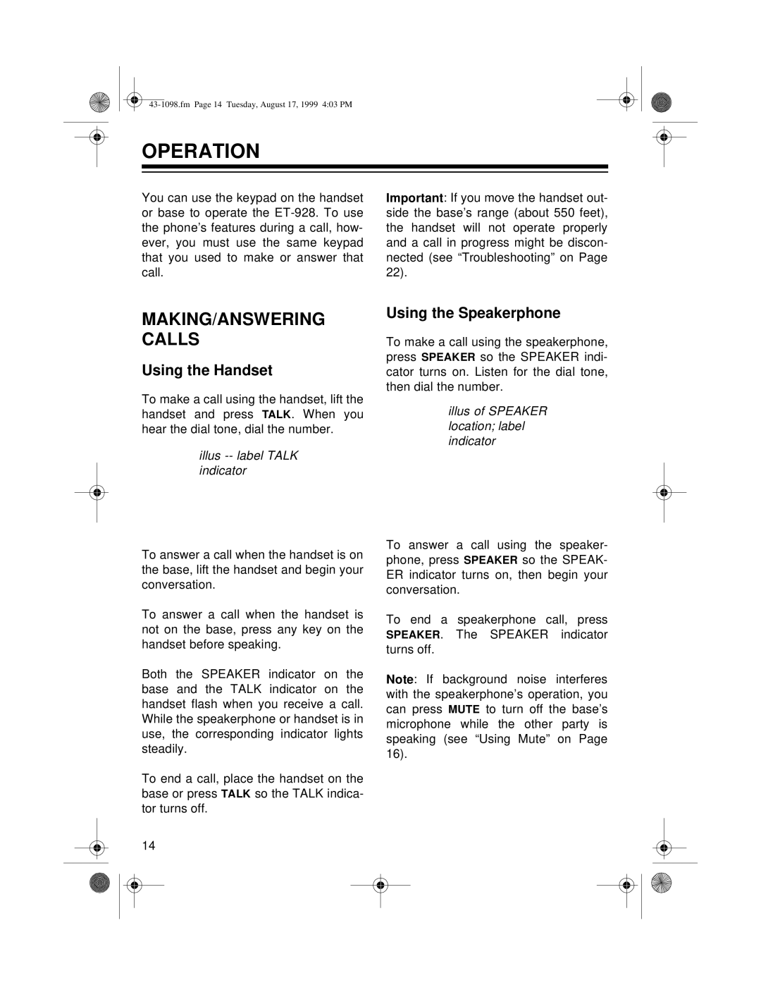 Radio Shack ET-928 owner manual Operation, MAKING/ANSWERING Calls, Using the Handset, Using the Speakerphone 