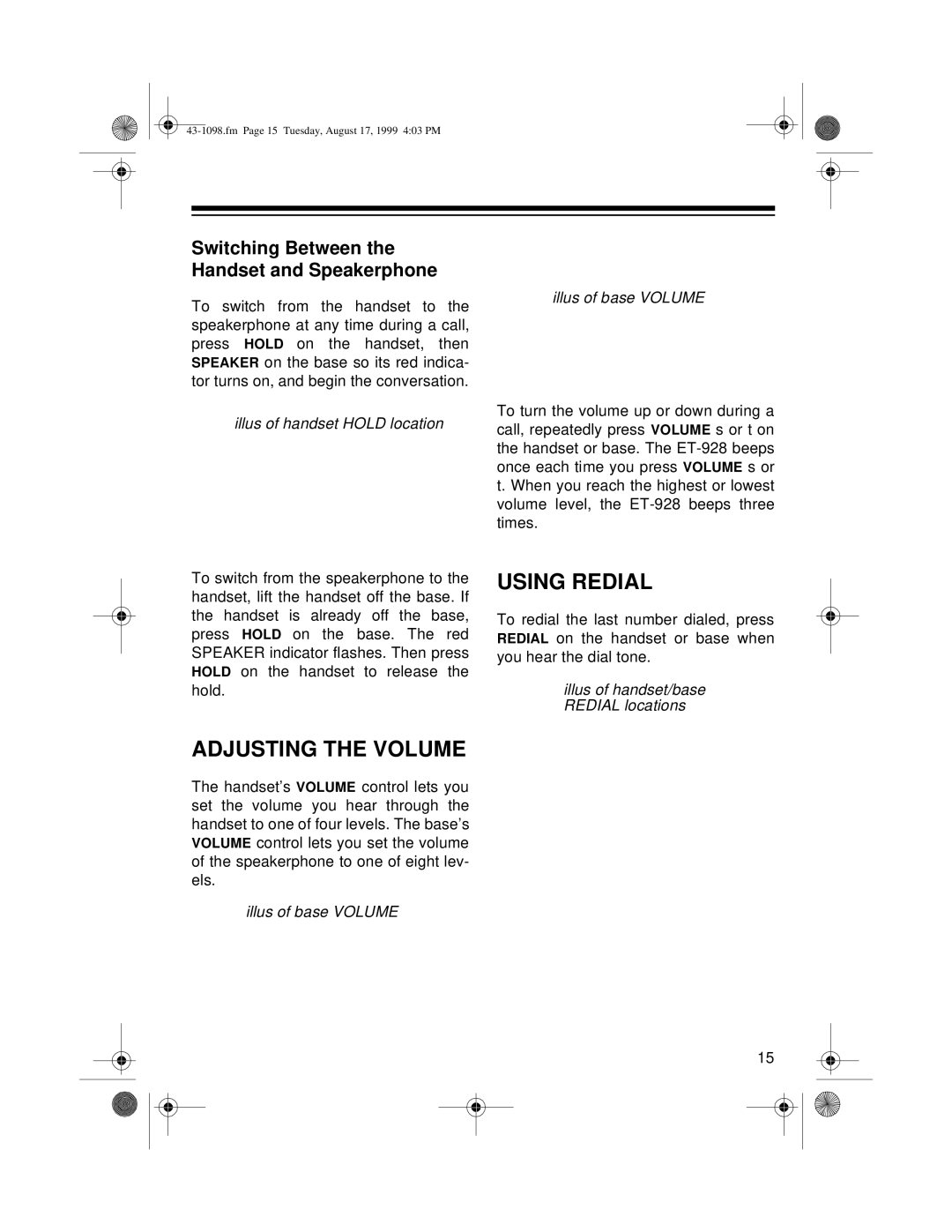 Radio Shack ET-928 owner manual Adjusting the Volume Using Redial, Switching Between the Handset and Speakerphone 