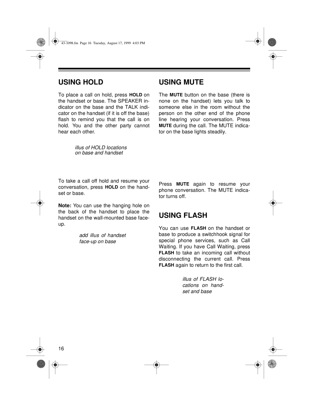 Radio Shack ET-928 owner manual Using Hold, Using Mute, Using Flash 