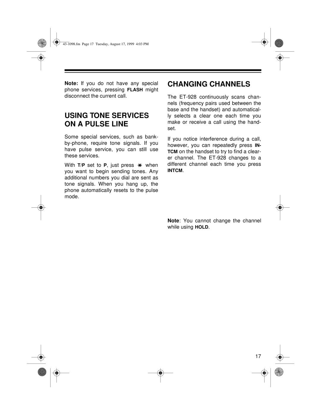 Radio Shack ET-928 owner manual Changing Channels, Using Tone Services on a Pulse Line 