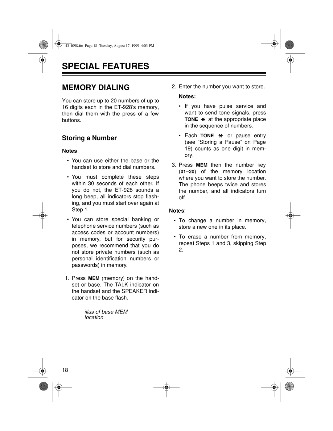 Radio Shack ET-928 owner manual Special Features, Memory Dialing, Storing a Number, Illus of base MEM location 