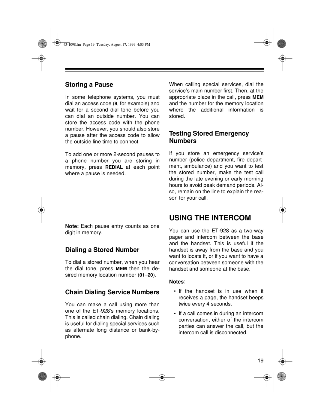 Radio Shack ET-928 Using the Intercom, Storing a Pause, Testing Stored Emergency Numbers, Dialing a Stored Number 