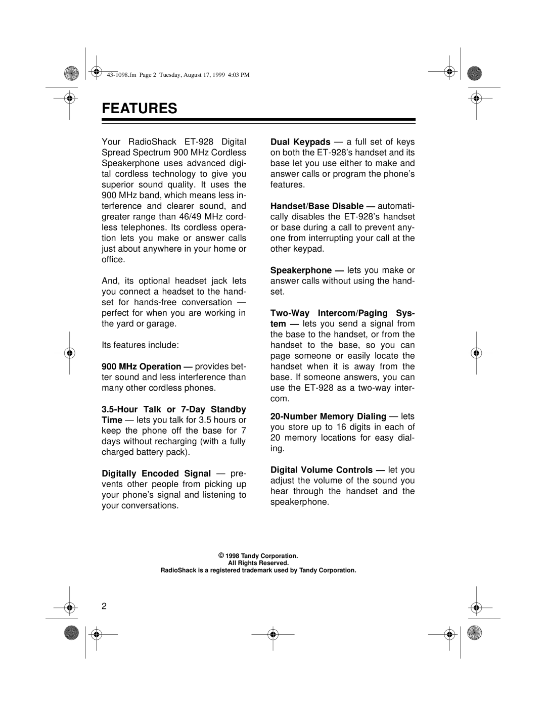 Radio Shack ET-928 owner manual Features 