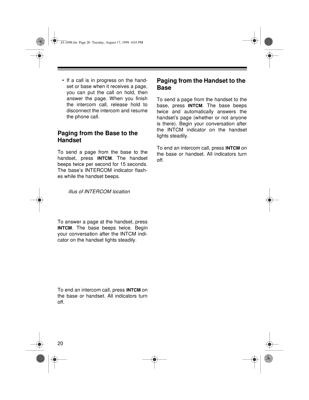 Radio Shack ET-928 Paging from the Base to the Handset, Paging from the Handset to the Base, Illus of Intercom location 