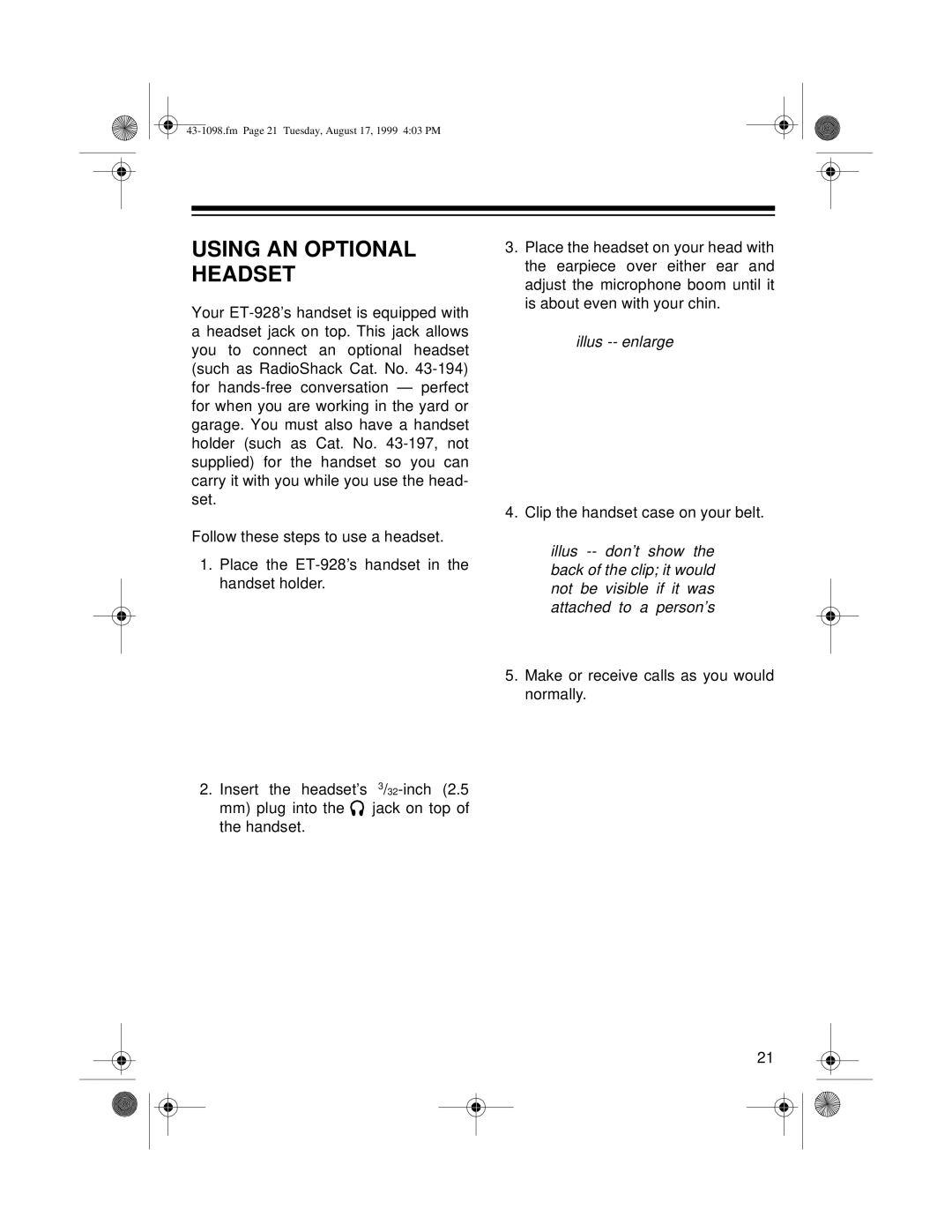 Radio Shack ET-928 owner manual Using AN Optional Headset, Illus -- enlarge 