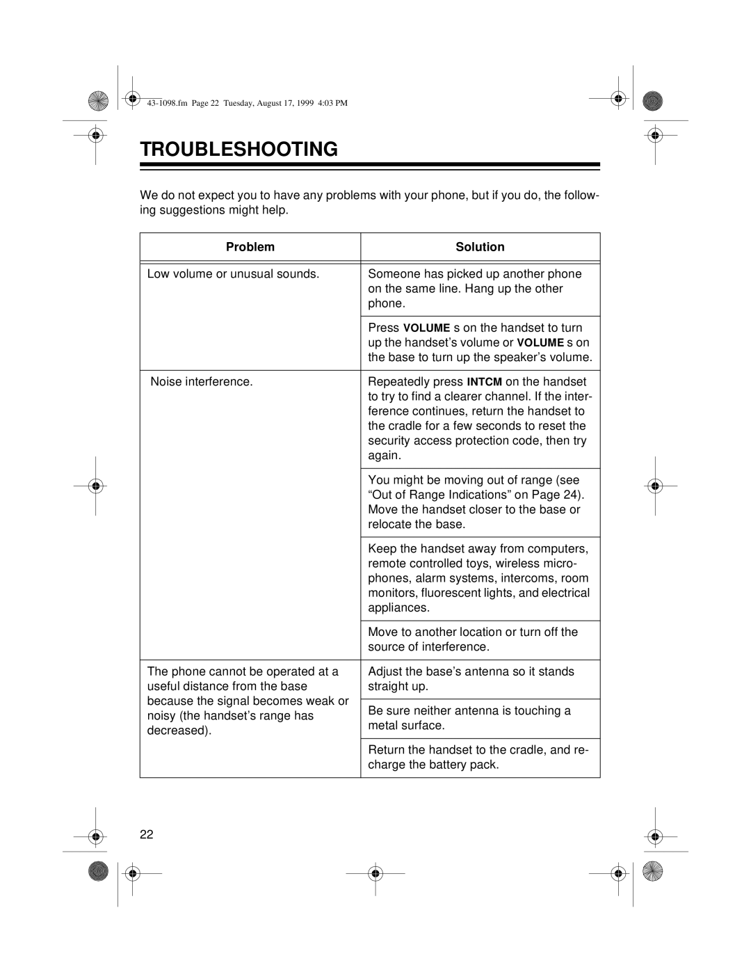 Radio Shack ET-928 owner manual Troubleshooting, Problem Solution 