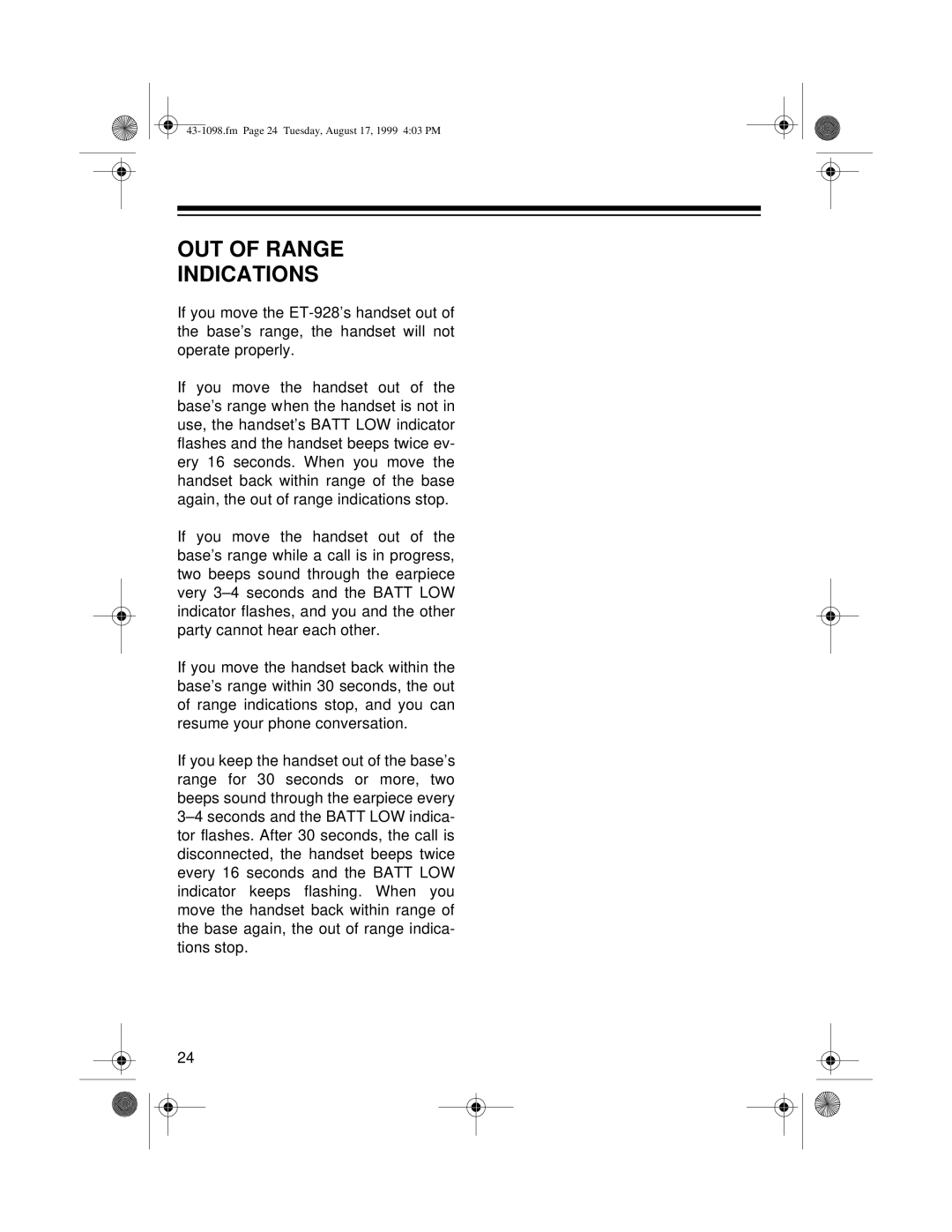 Radio Shack ET-928 owner manual OUT of Range Indications 