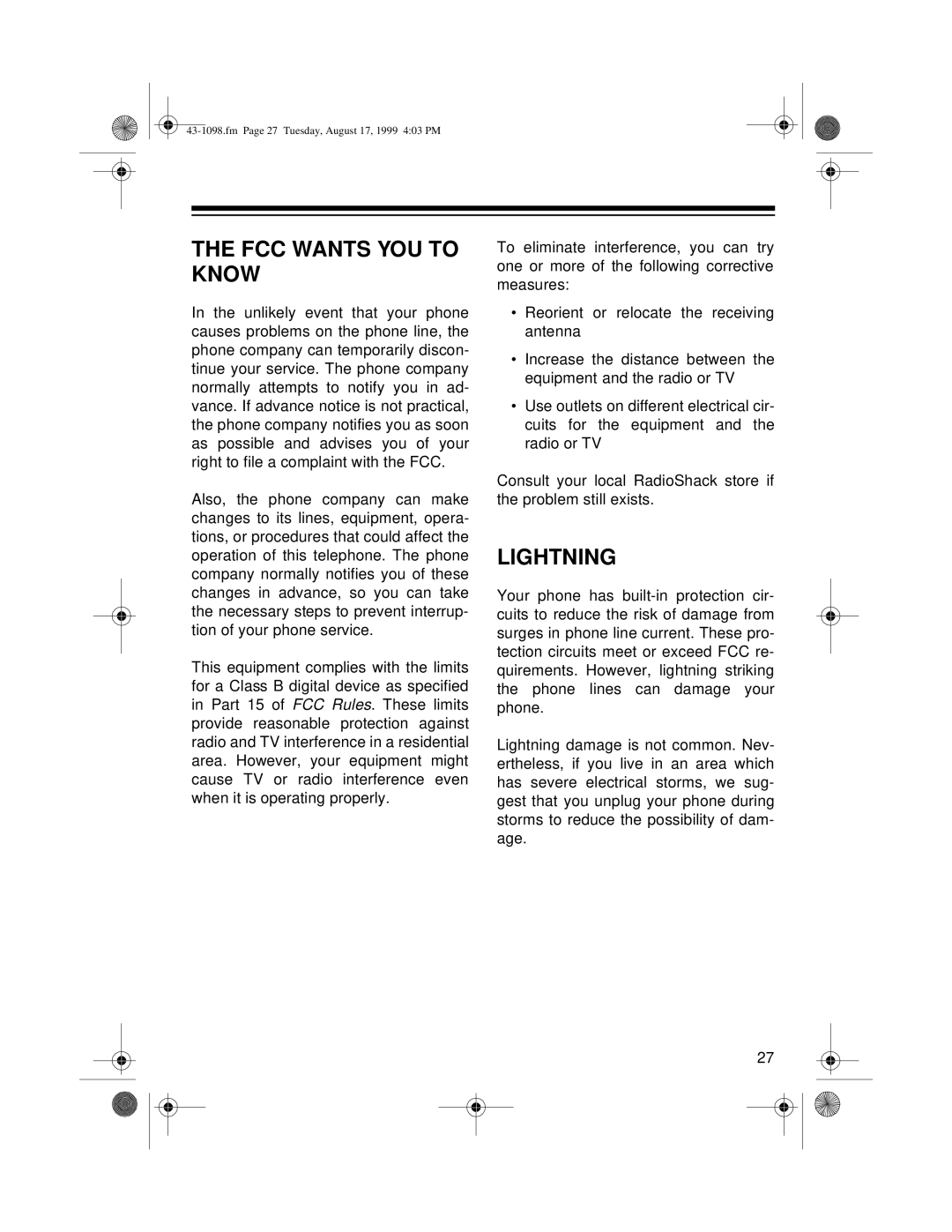 Radio Shack ET-928 owner manual FCC Wants YOU to Know, Lightning 