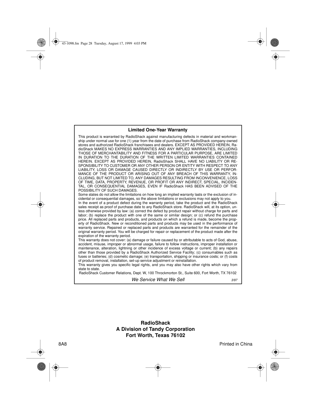 Radio Shack ET-928 owner manual RadioShack Division of Tandy Corporation Fort Worth, Texas 