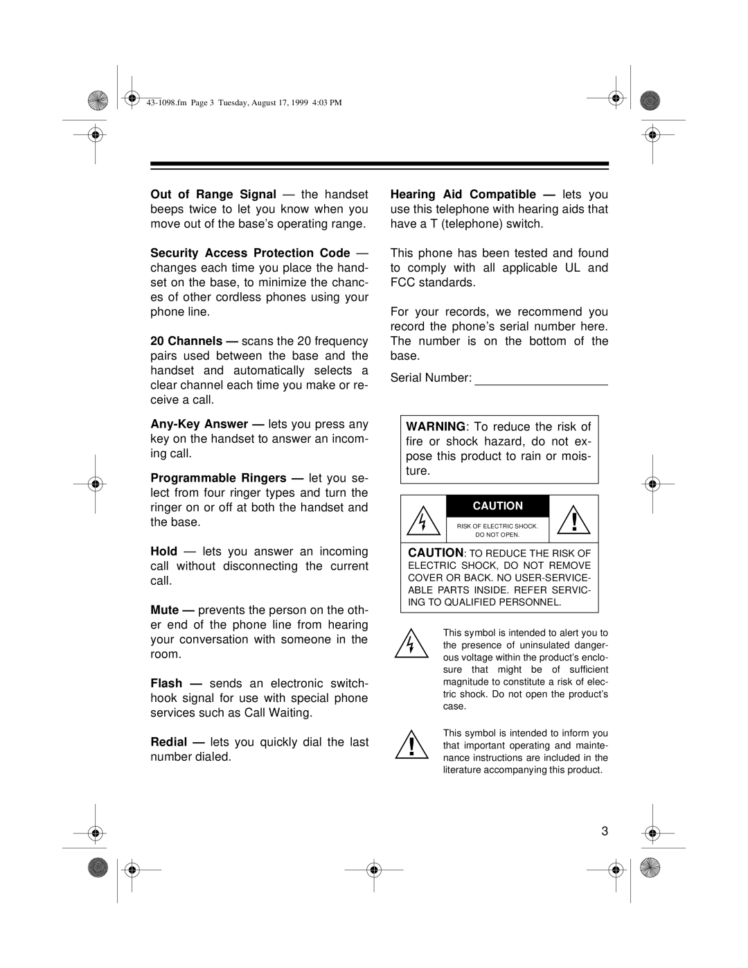 Radio Shack ET-928 owner manual Fm Page 3 Tuesday, August 17, 1999 403 PM 