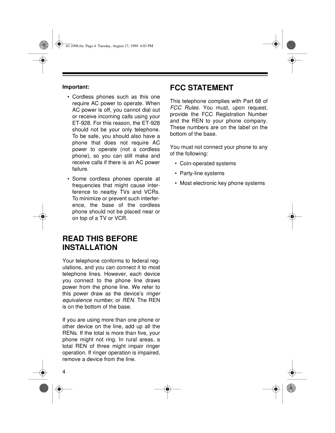 Radio Shack ET-928 owner manual Read this Before Installation, FCC Statement 