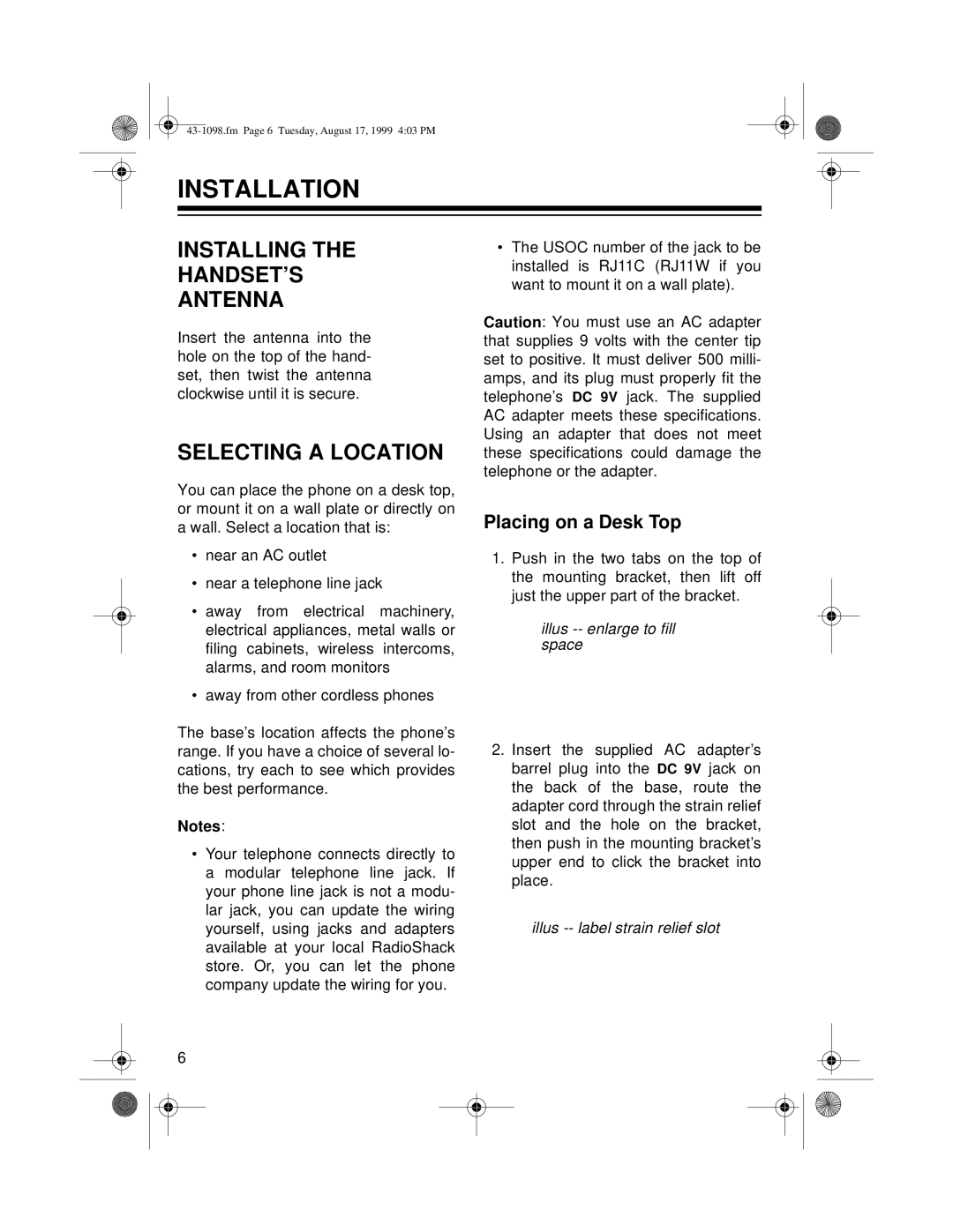 Radio Shack ET-928 owner manual Installation, Installing HANDSET’S Antenna, Selecting a Location, Placing on a Desk Top 