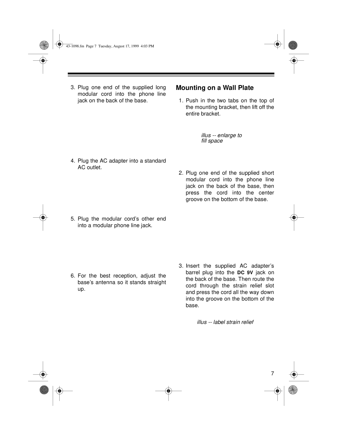 Radio Shack ET-928 owner manual Mounting on a Wall Plate, Illus -- label strain relief 