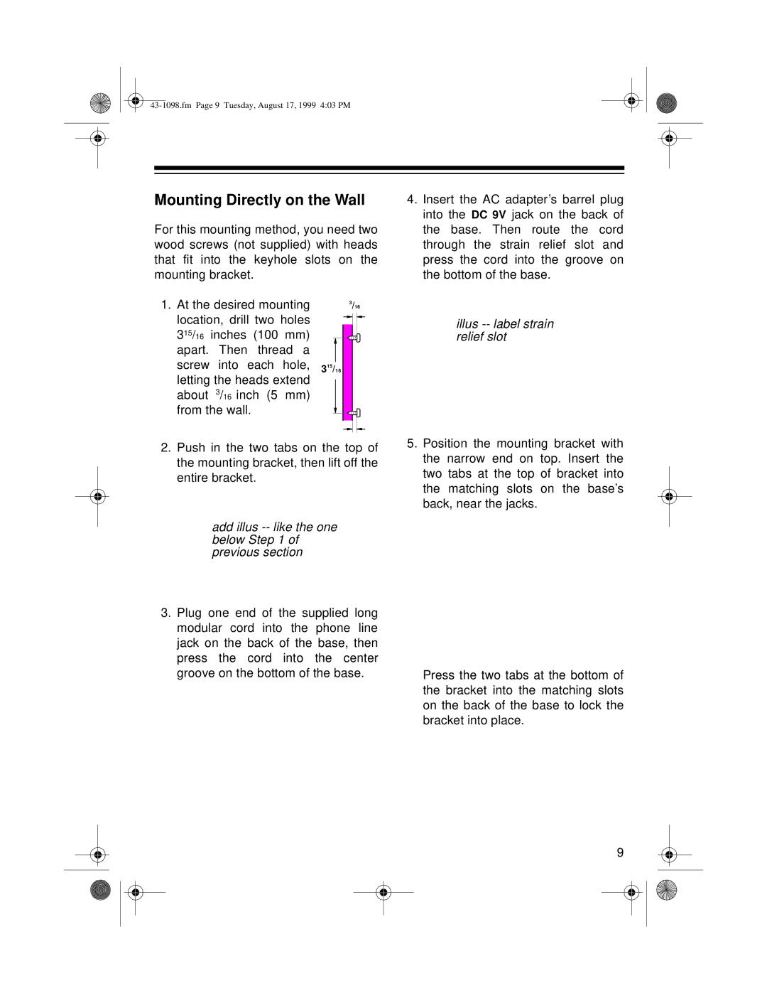 Radio Shack ET-928 owner manual Mounting Directly on the Wall, Add illus -- like the one below of previous section 