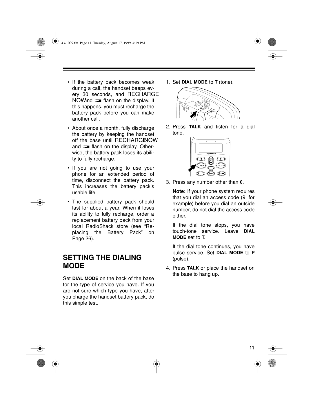 Radio Shack ET-929 owner manual Setting the Dialing Mode 