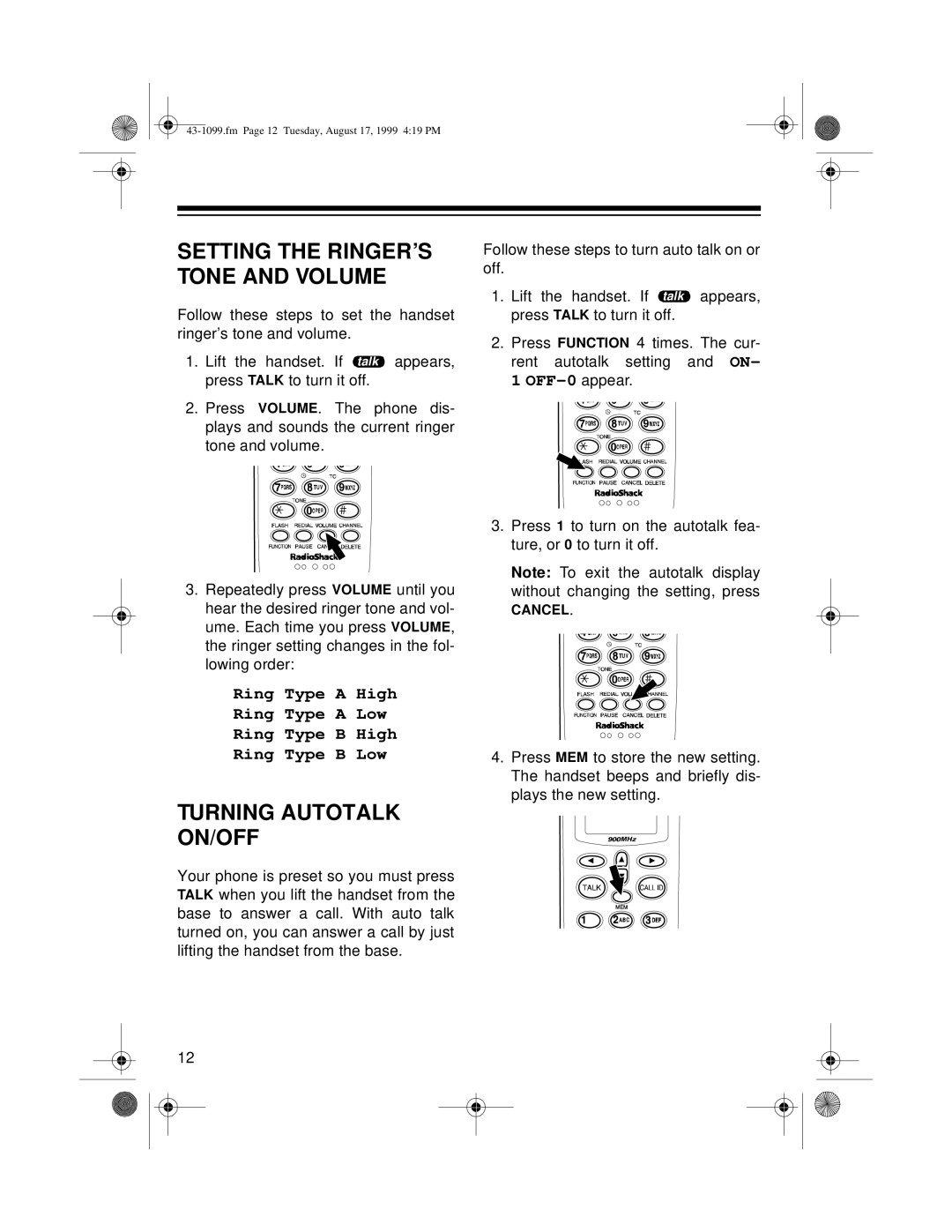 Radio Shack ET-929 owner manual Turning Autotalk ON/OFF, Setting the RINGER’S Tone and Volume 