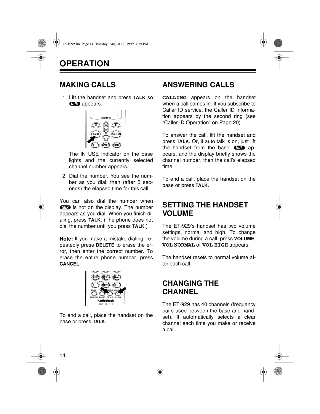 Radio Shack ET-929 owner manual Operation, Making Calls, Answering Calls, Setting the Handset Volume, Changing Channel 