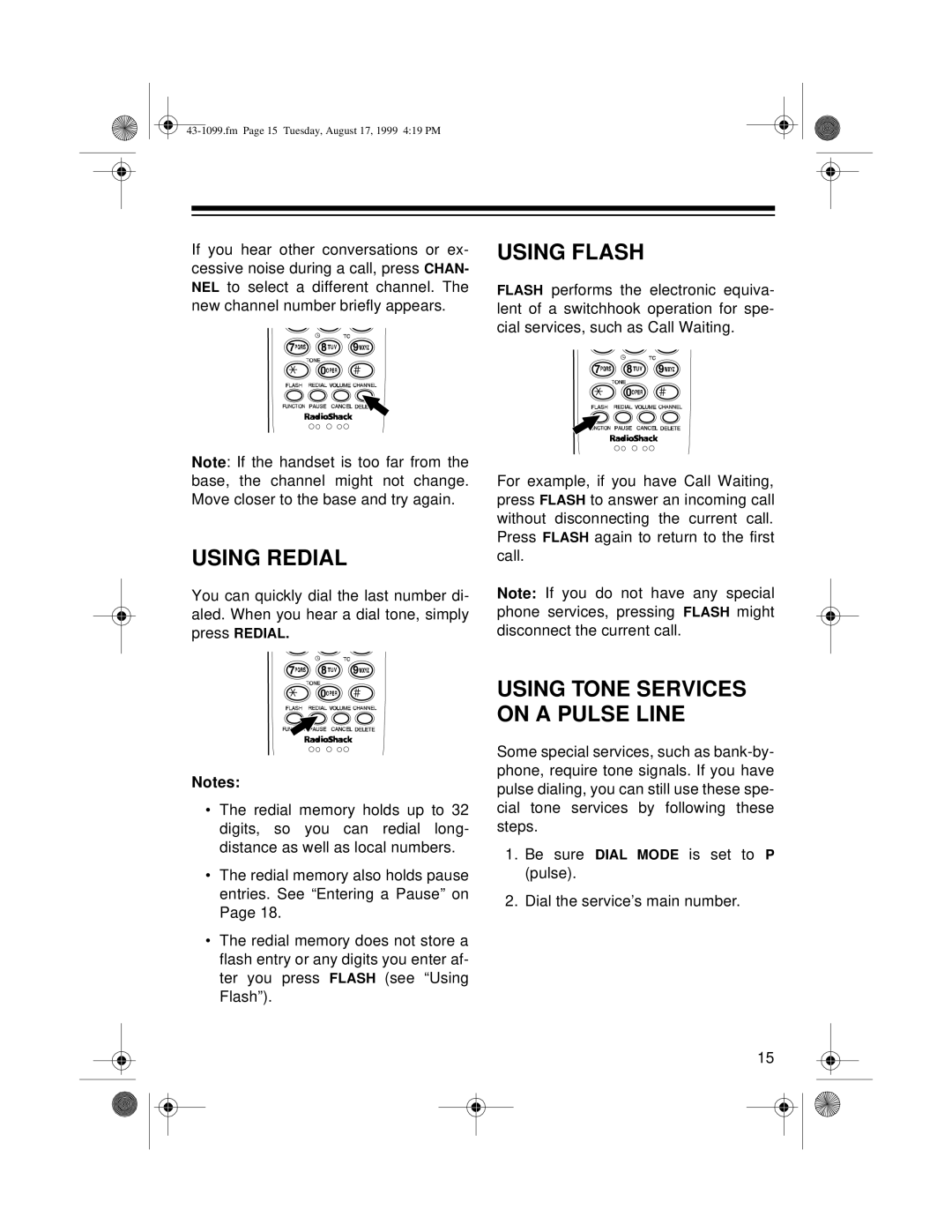 Radio Shack ET-929 owner manual Using Redial, Using Flash 