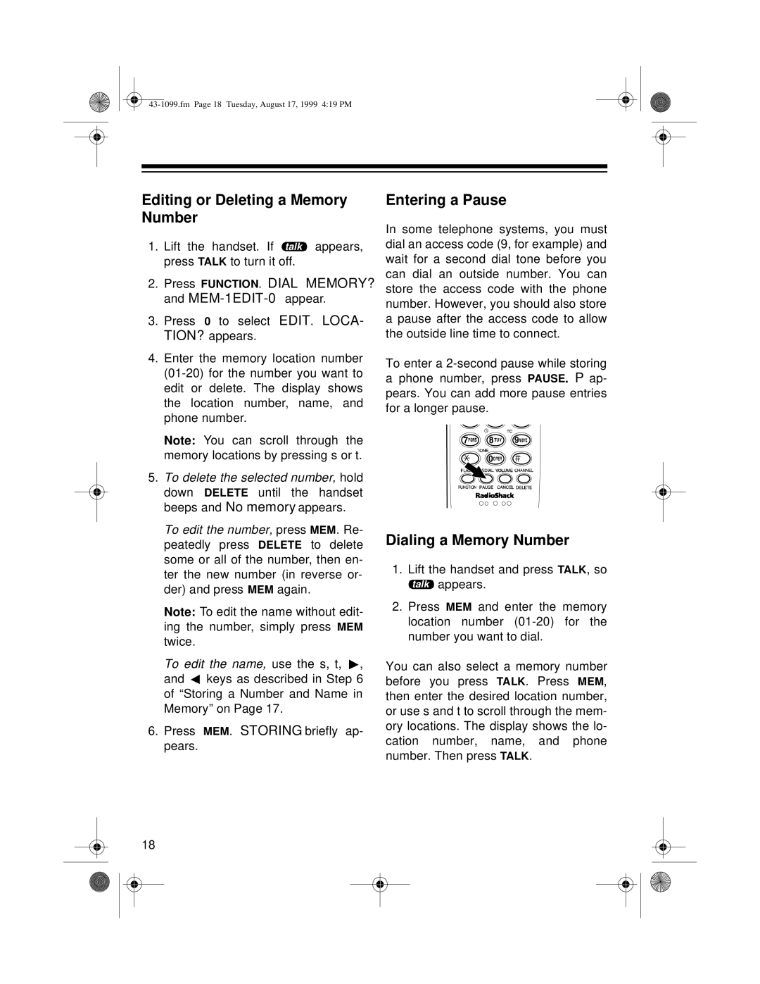 Radio Shack ET-929 owner manual Editing or Deleting a Memory Number, Entering a Pause, Dialing a Memory Number 