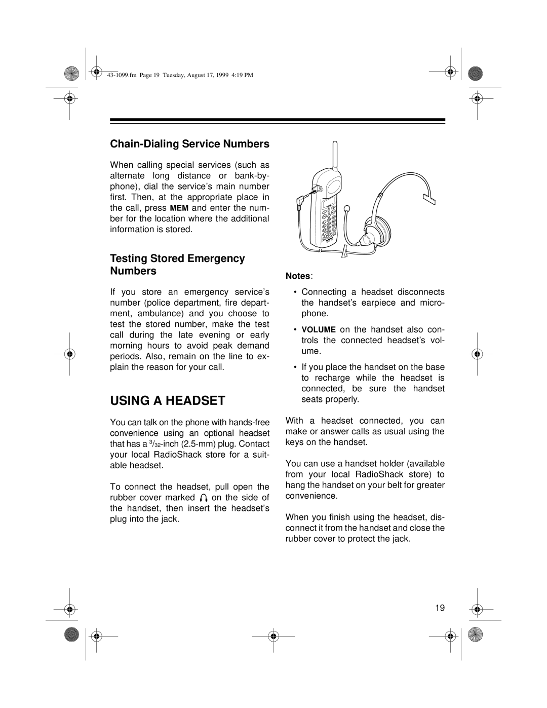 Radio Shack ET-929 owner manual Using a Headset, Chain-Dialing Service Numbers, Testing Stored Emergency Numbers 