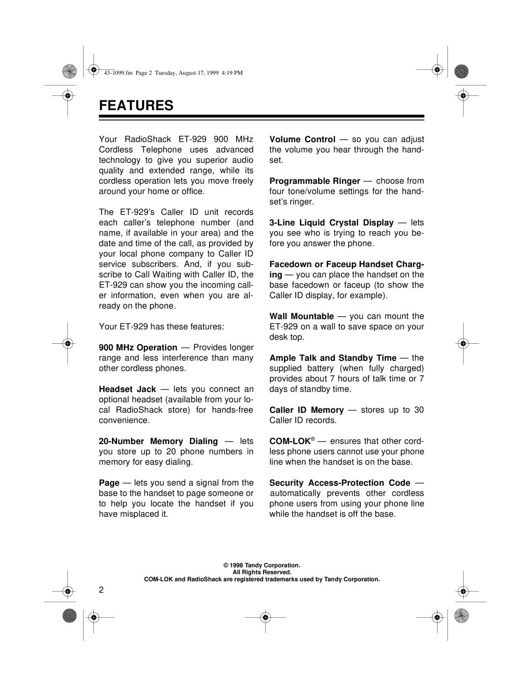 Radio Shack ET-929 owner manual Features 