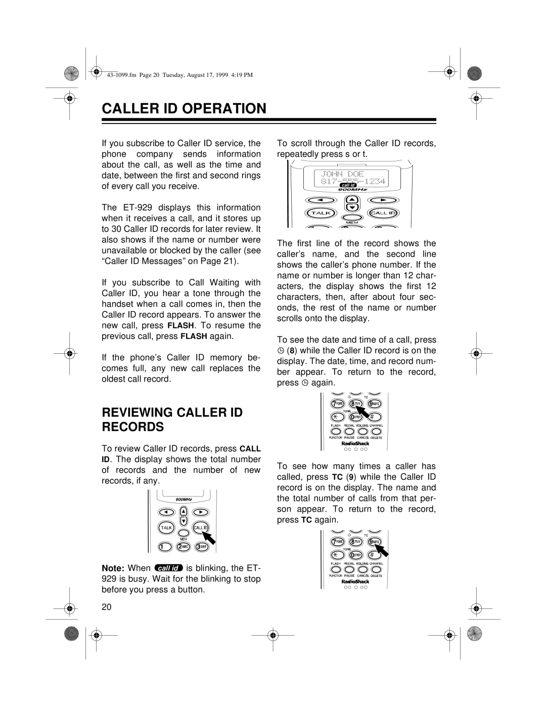 Radio Shack ET-929 owner manual Caller ID Operation, Reviewing Caller ID Records 