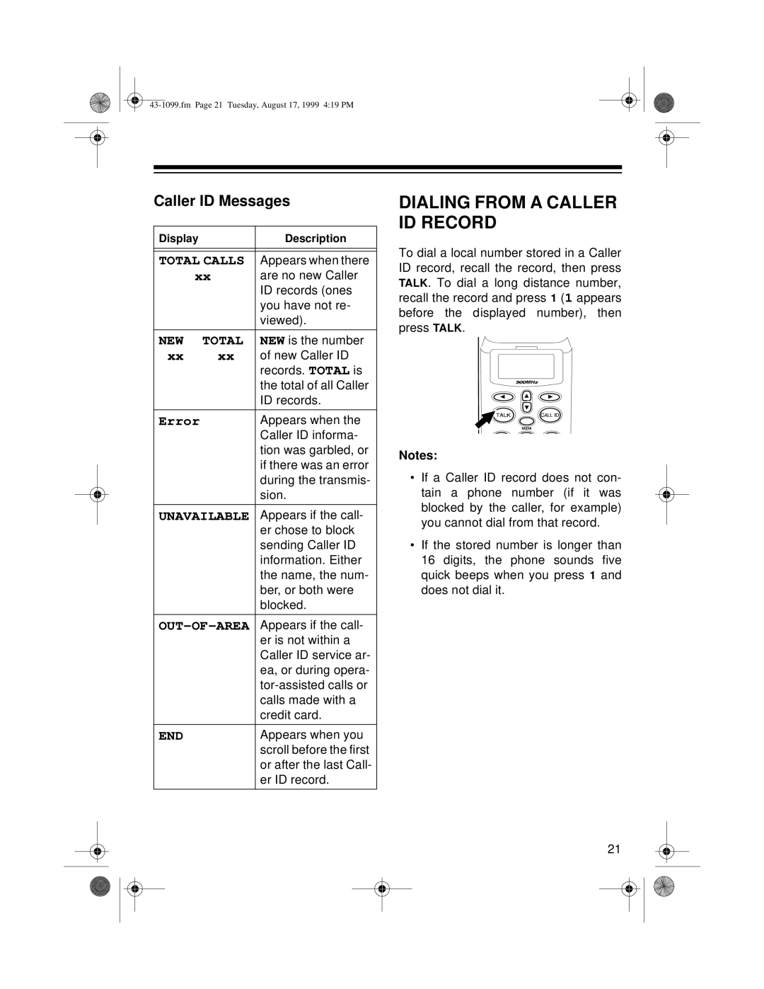 Radio Shack ET-929 owner manual Dialing from a Caller ID Record, Caller ID Messages 