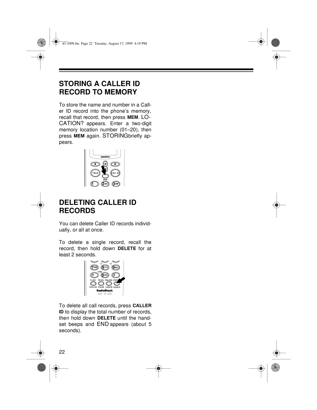 Radio Shack ET-929 owner manual Storing a Caller ID Record to Memory, Deleting Caller ID Records 