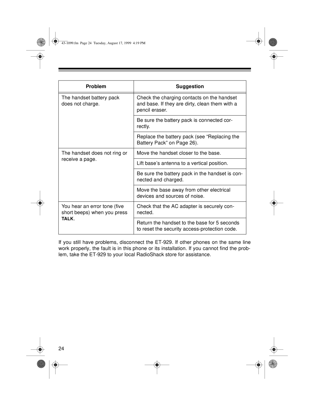 Radio Shack ET-929 owner manual Talk 