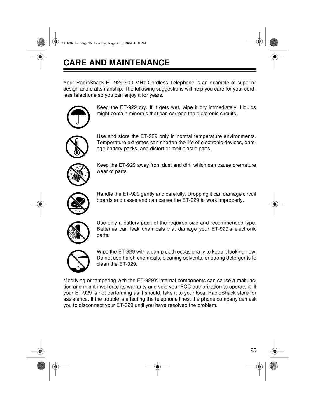 Radio Shack ET-929 owner manual Care and Maintenance 