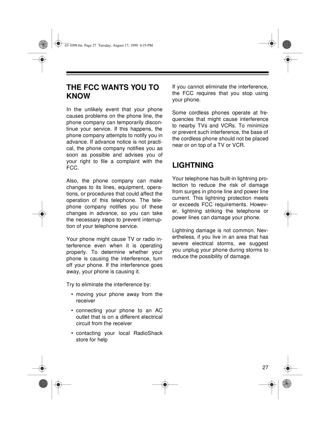 Radio Shack ET-929 owner manual FCC Wants YOU to Know, Lightning 