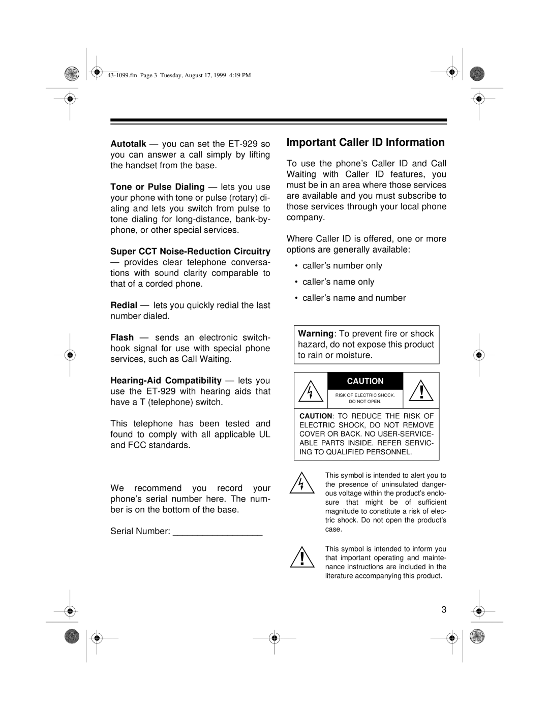 Radio Shack ET-929 owner manual Important Caller ID Information 