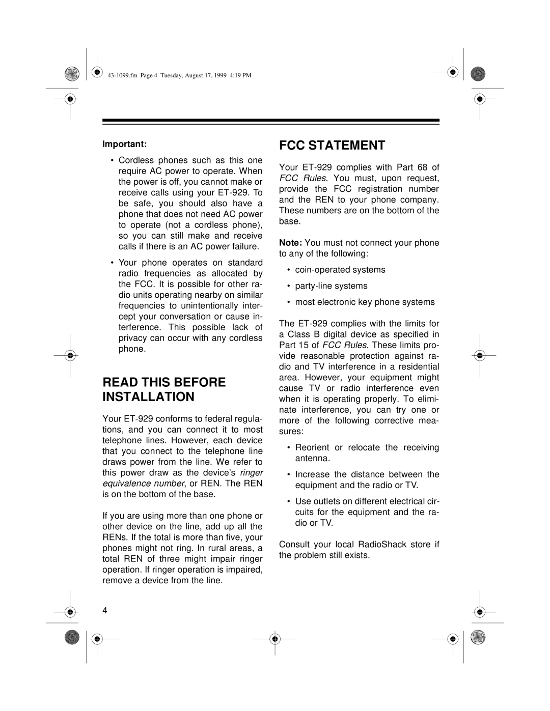 Radio Shack ET-929 owner manual Read this Before Installation, FCC Statement 