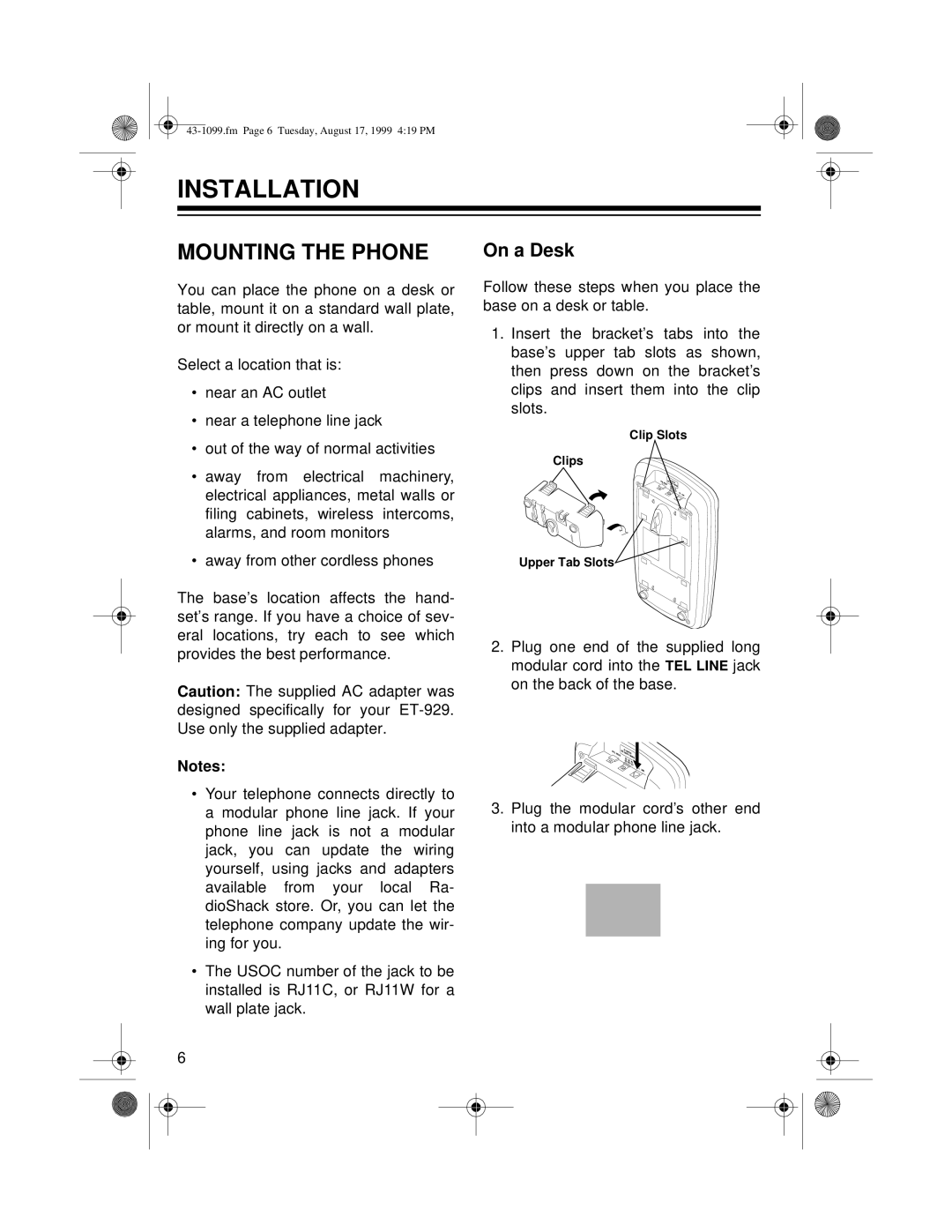 Radio Shack ET-929 owner manual Installation, Mounting the Phone, On a Desk 