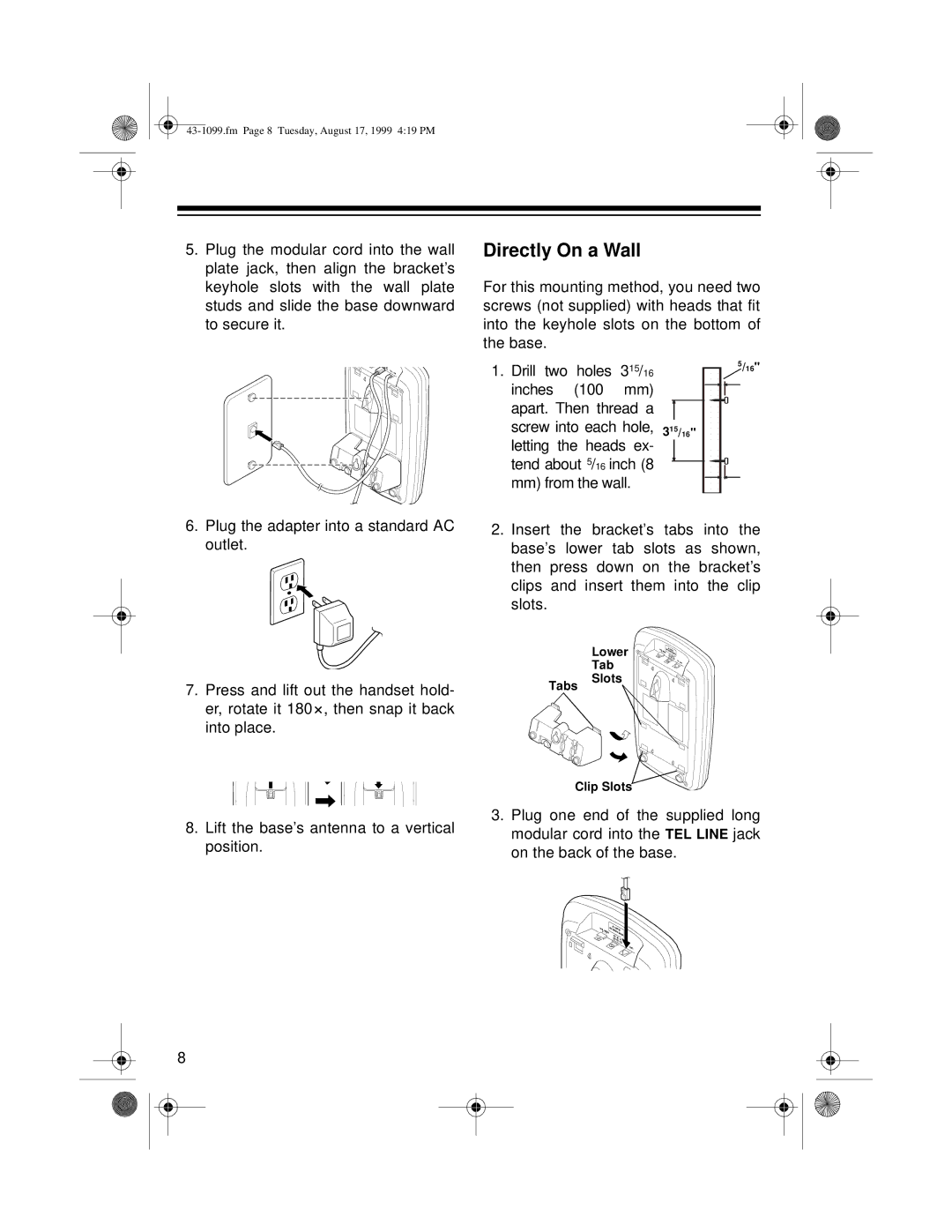 Radio Shack ET-929 owner manual Directly On a Wall 