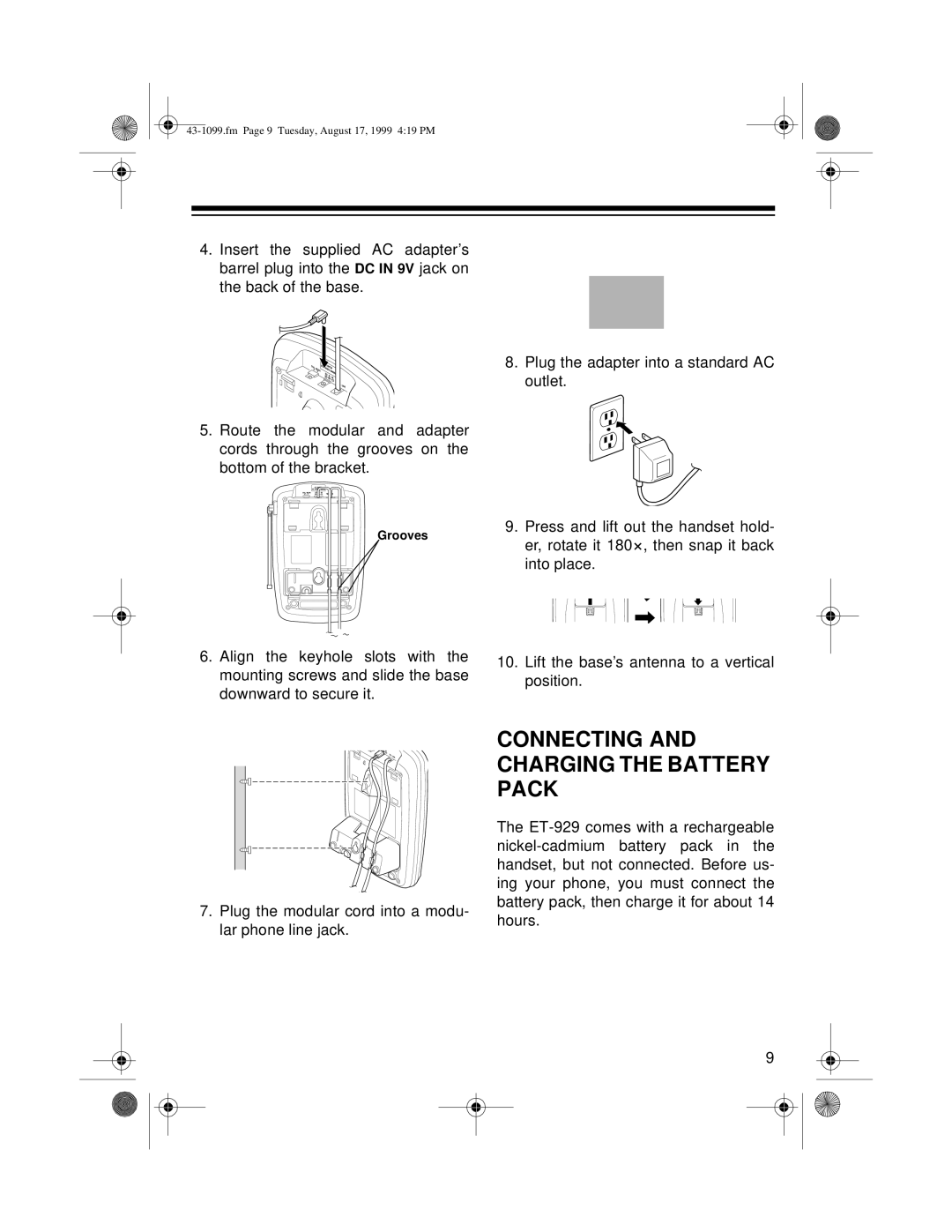 Radio Shack ET-929 owner manual Connecting and Charging the Battery Pack 