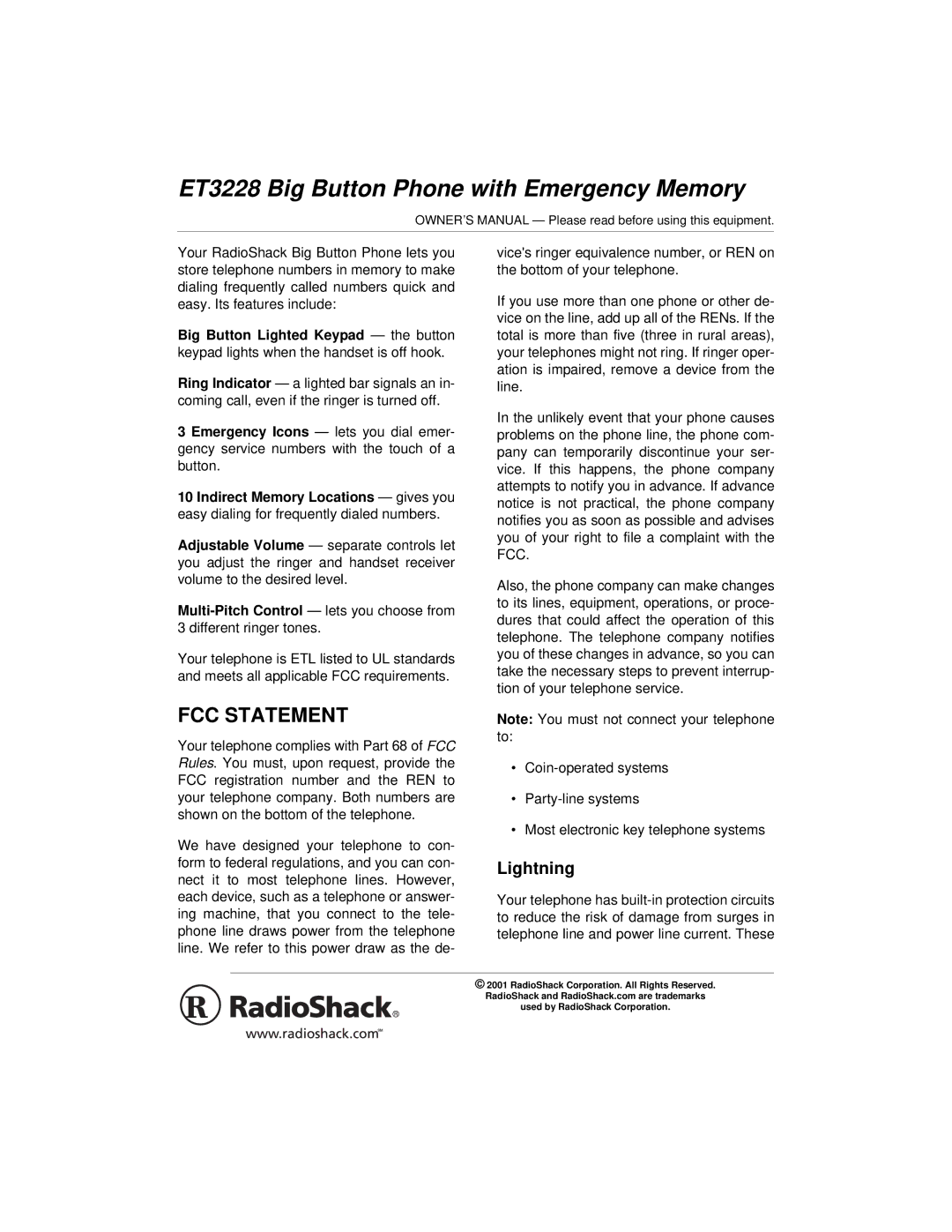 Radio Shack 02A01, ET3228, 43-3228 owner manual FCC Statement, Lightning 