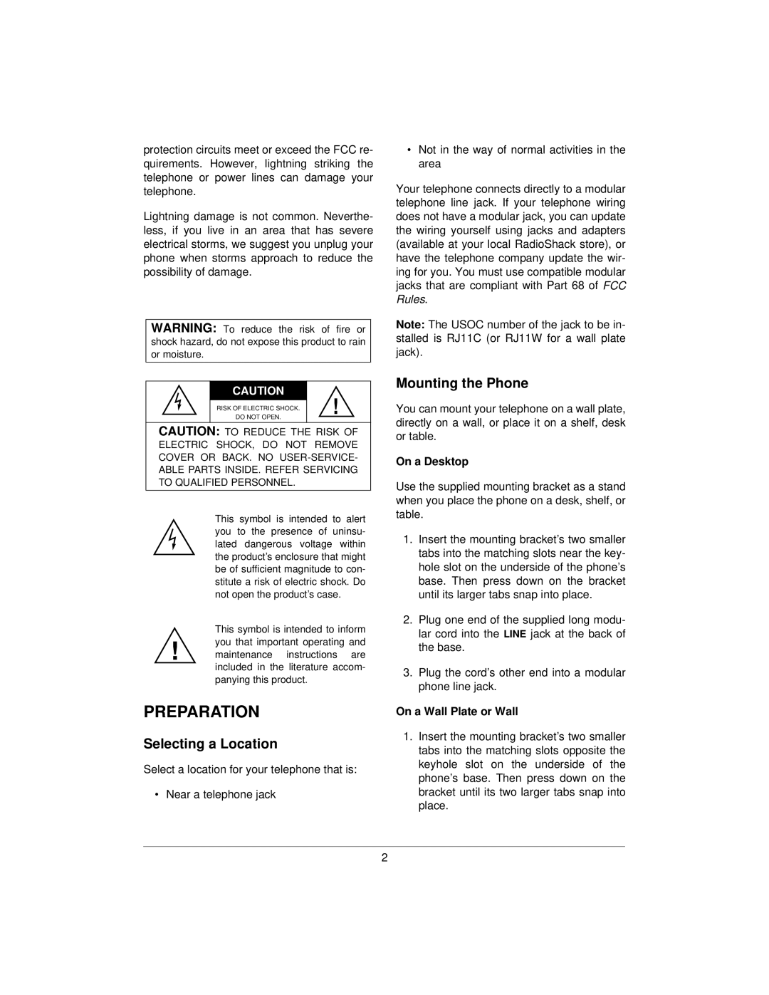 Radio Shack 43-3228, ET3228 Preparation, Selecting a Location, Mounting the Phone, On a Desktop, On a Wall Plate or Wall 