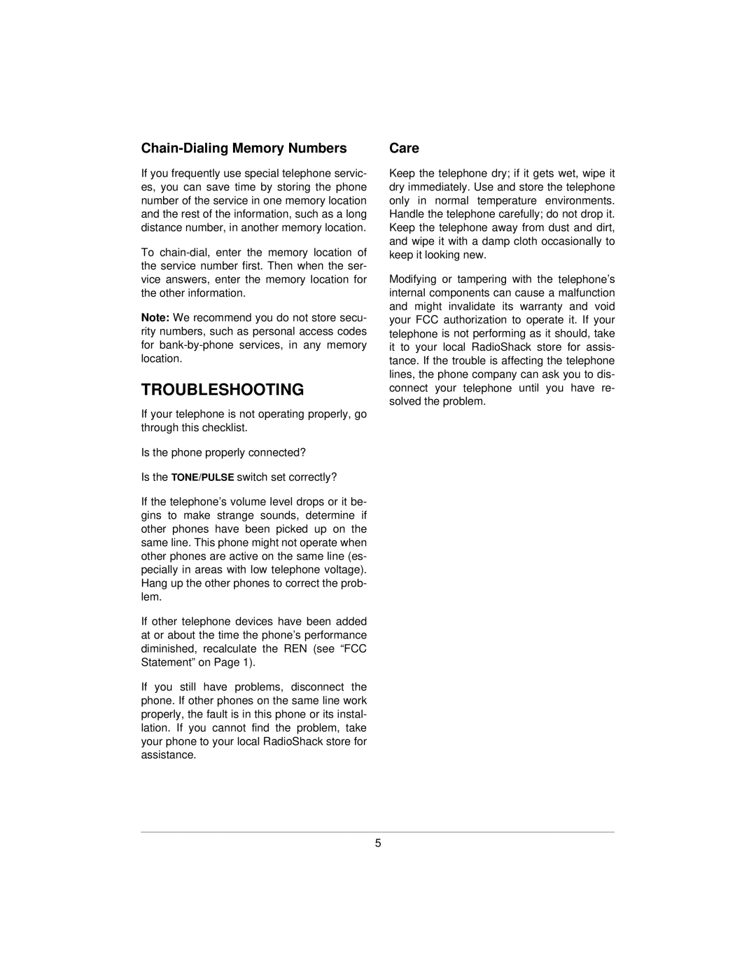 Radio Shack 43-3228, ET3228, 02A01 owner manual Troubleshooting, Chain-Dialing Memory Numbers, Care 