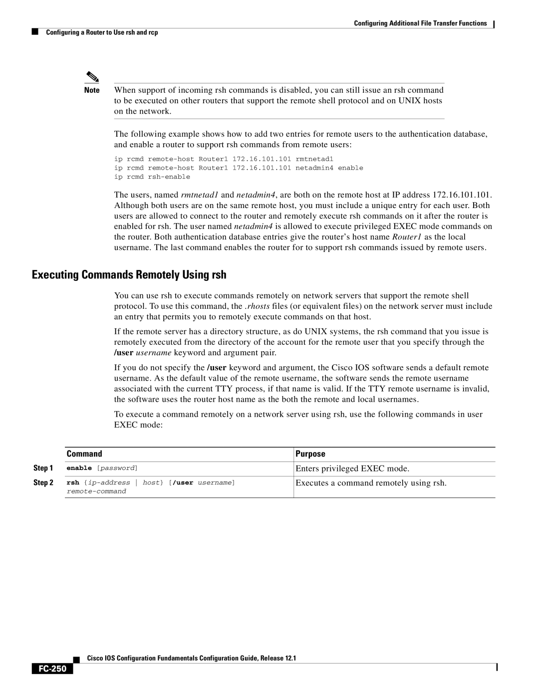 Radio Shack FC-241 manual Executing Commands Remotely Using rsh, FC-250 