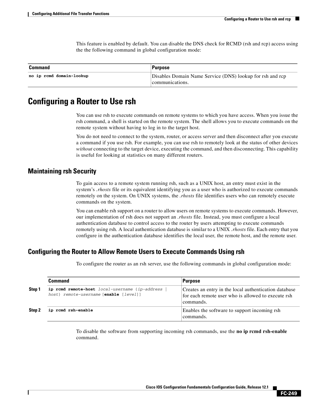 Radio Shack FC-241 manual Configuring a Router to Use rsh, Maintaining rsh Security, Communications, FC-249 