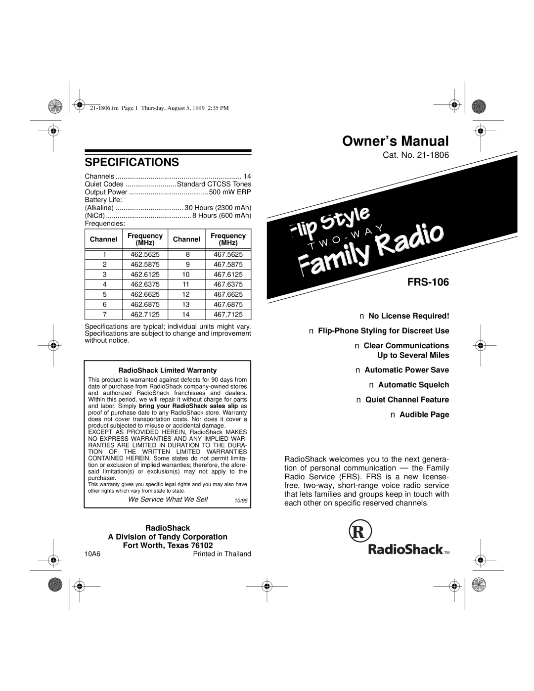 Radio Shack FRS-106 owner manual Specifications, Frequency MHz 