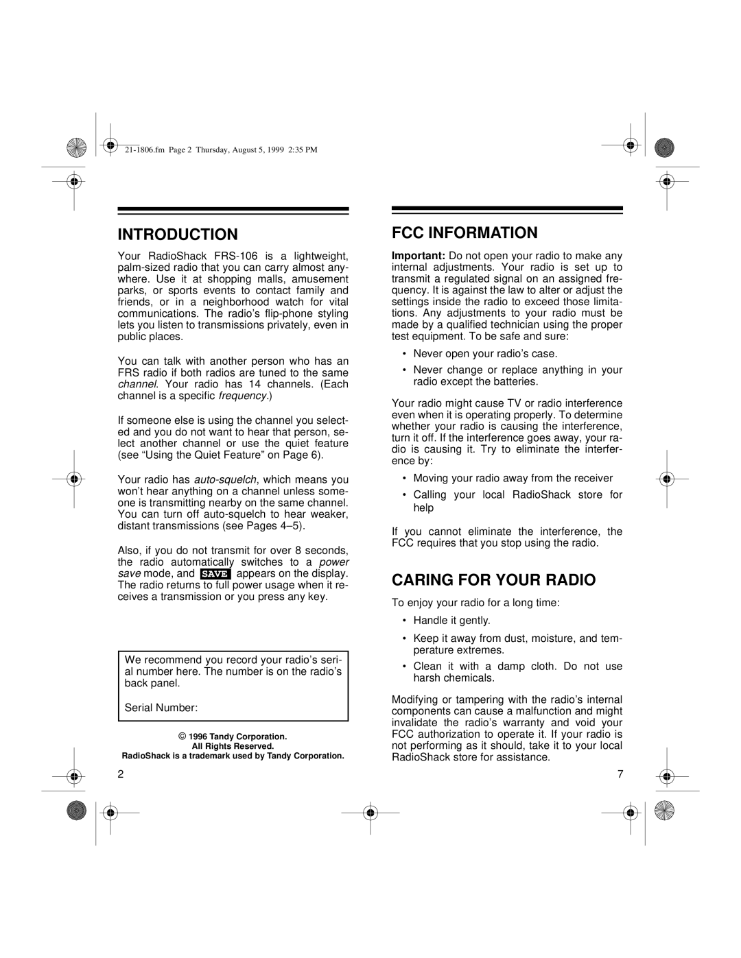 Radio Shack FRS-106 owner manual Introduction, FCC Information, Caring for Your Radio 