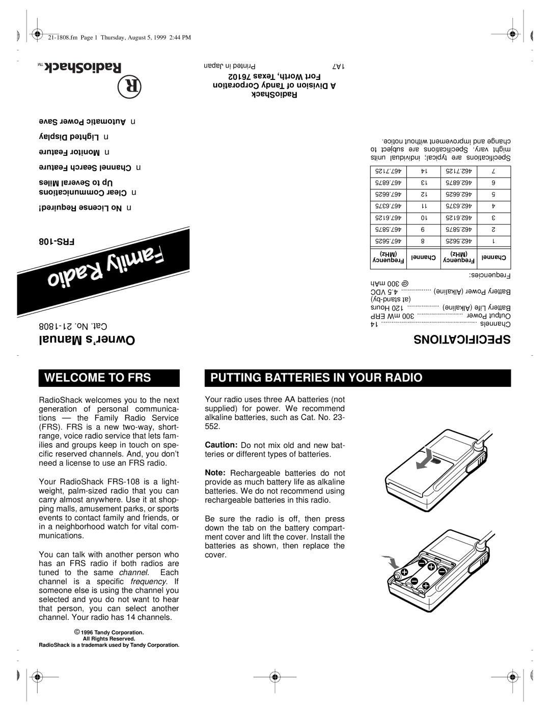 Radio Shack FRS-108 owner manual Welcome to FRS, Putting Batteries in Your Radio 