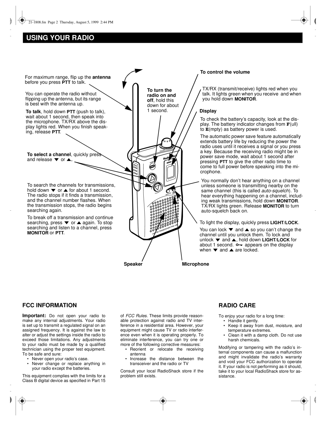 Radio Shack FRS-108 owner manual Using Your Radio, FCC Information, Radio Care 