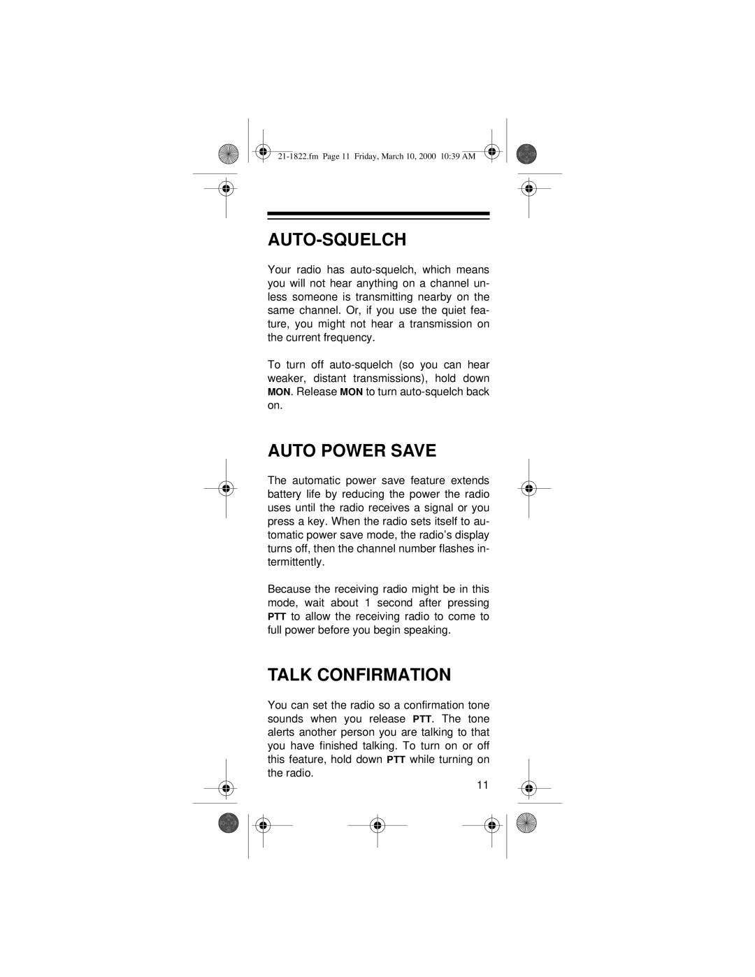 Radio Shack FRS owner manual Auto-Squelch, Auto Power Save, Talk Confirmation 