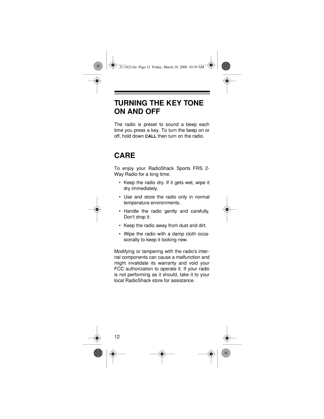 Radio Shack FRS owner manual Turning the KEY Tone on and OFF, Care 